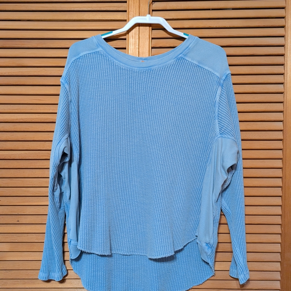 Free People Oversize Light Blue Waffle Knit Long Sleeve Top